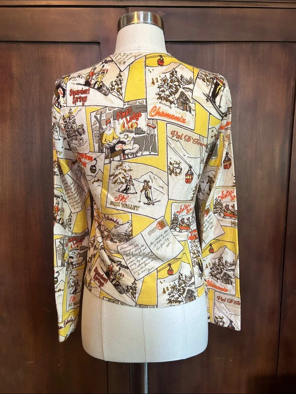 Vintage-Inspired Y2K Yellow & Cream Merino Postcard Photos Cárdigan M